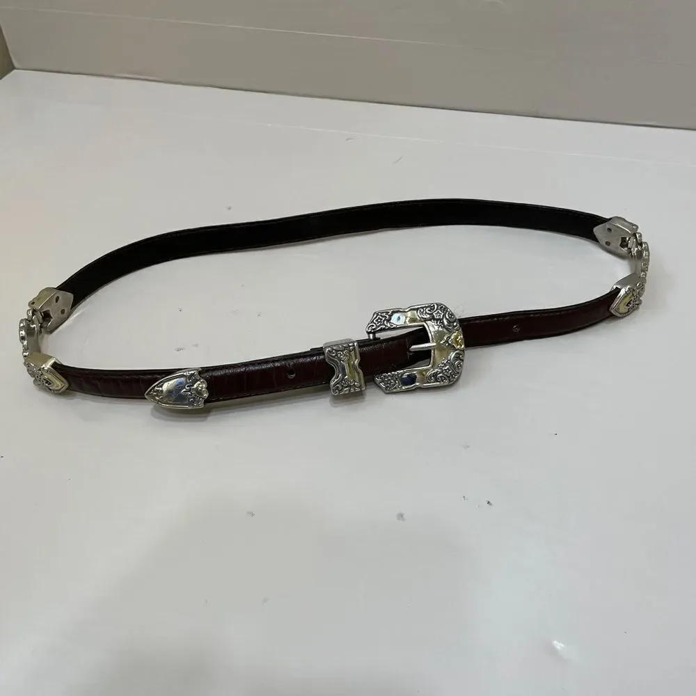 VINTAGE BROWN‎ LEATHER BELT WITH GOLD AND SILVER TONE ACCENTS